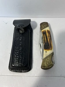 Big John Brass &"Stag" Handle Solingen Steel 3.75" Blade 5" Closed With Case - Picture 1 of 13