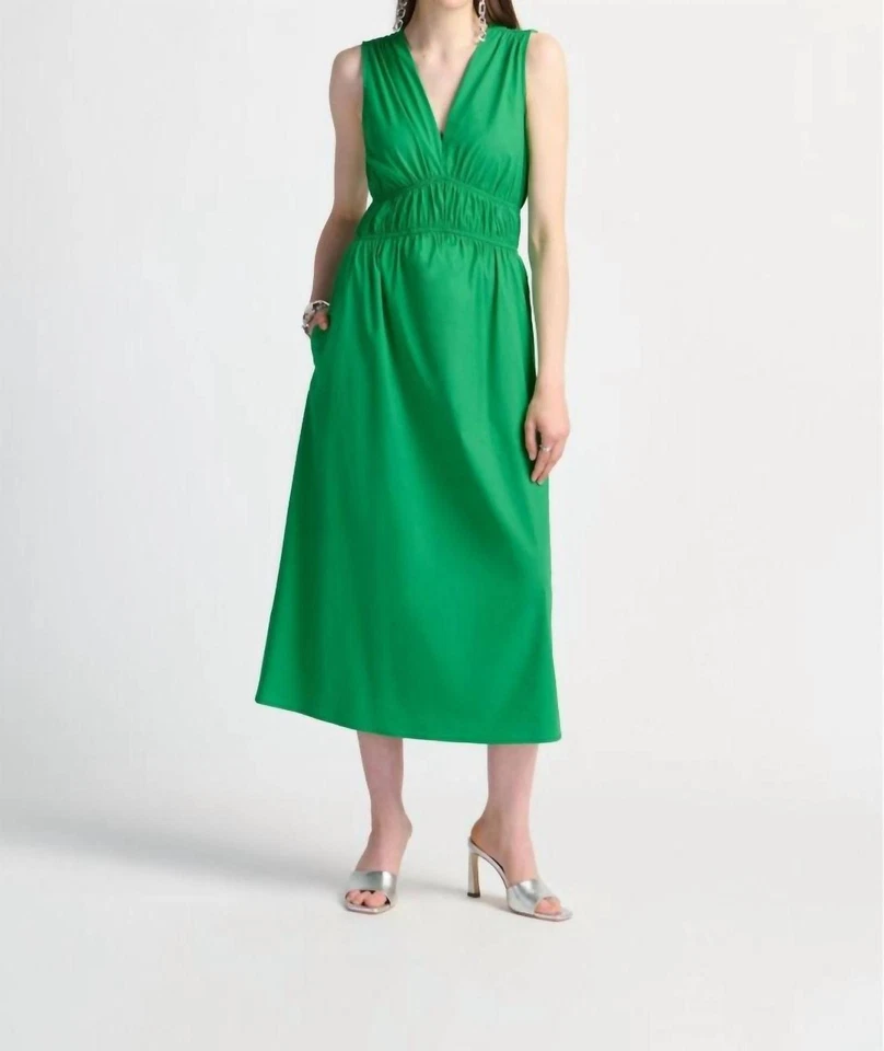 Vestido Joseph Ribkoff fruncido cuello en V sin mangas midi línea A verde isla Foto 1 de 1