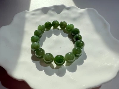 11.5mm+ Natural Green Siberian Nephrite Bracelet, Spinach Green Nephrite｜老坑碧玉 - Image 1 of 4