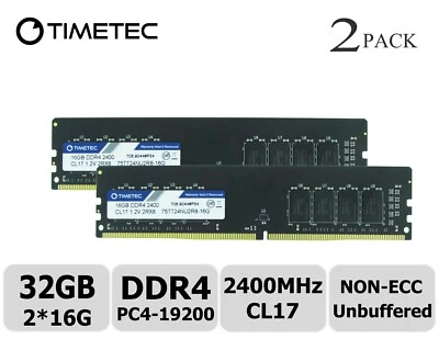 Timetec 32GB Kit (2x16GB) DDR4 2400 MHz PC4-19200 Non-ECC UDIMM Dual Rank Memory - Image 1 of 4