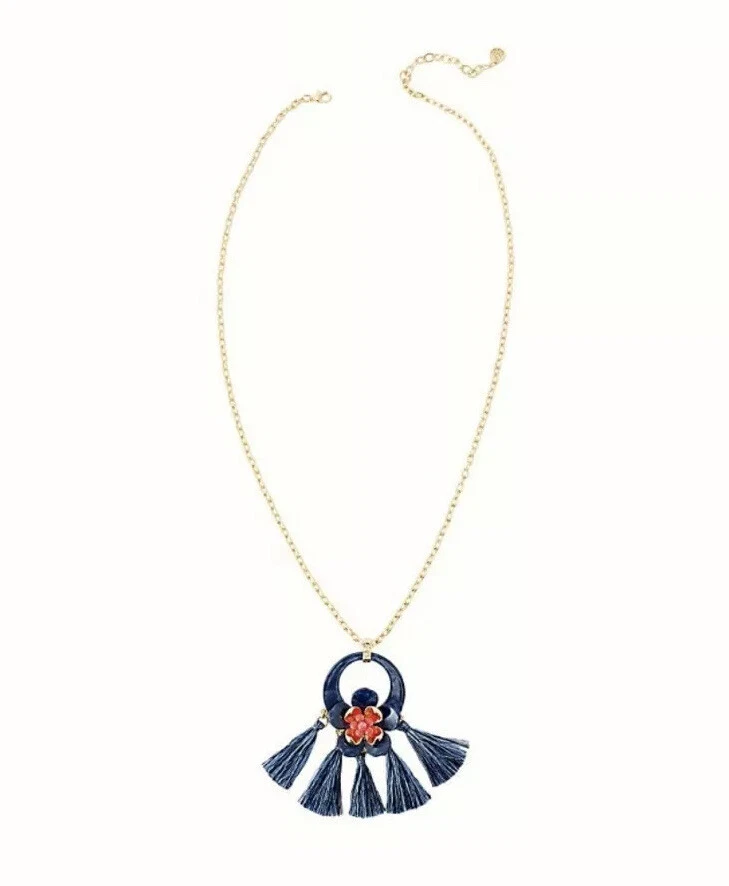 Lilly Pulitzer Maritime Long Chain Tassel Pendent Necklace Navy Blue Pink