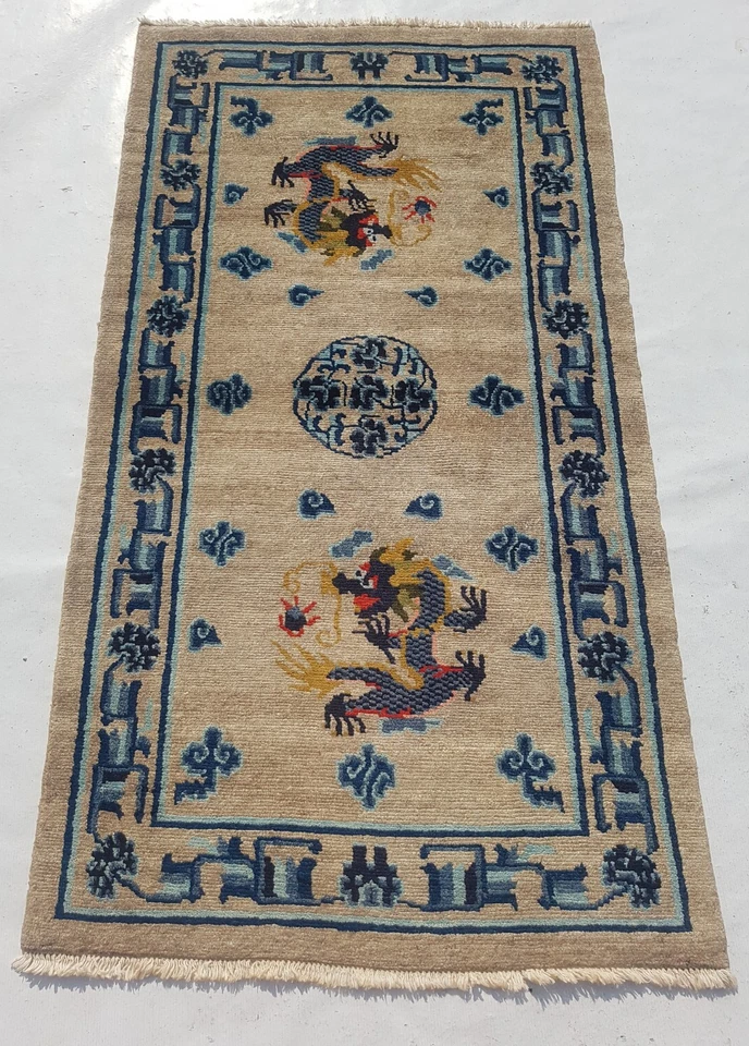 Antique Tibetan Dragons Blue Handmade Beautiful Wool Rug Carpet 165x90cm - image 1 of 4