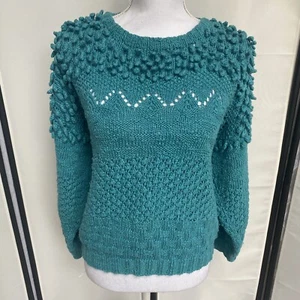 Pip Hues Womens M Vtg 80s Sweater Hand Knit In England Turquoise C8 - Picture 1 of 11