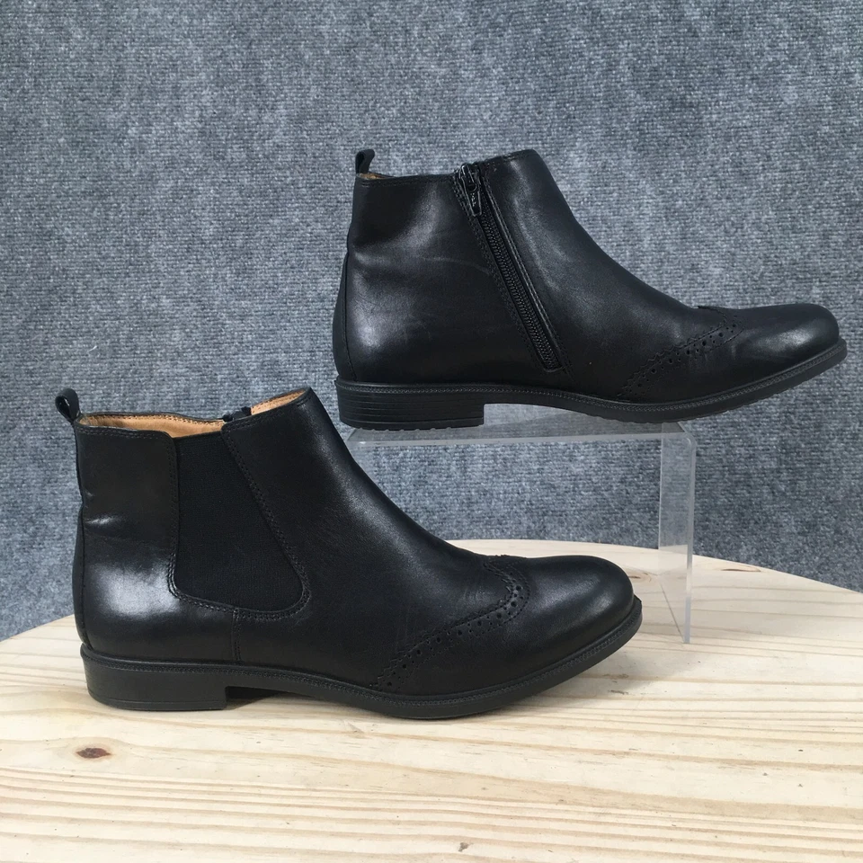 Hotter Boots Womens 7 Chelsea Booties Black Leather Almond Toe Side Zip Heels - Image 1 of 4