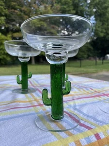 Juego de 3 vasos vintage de cactus Saguaro con tallo verde soplado a mano Margarita mexicano - Imagen 1 de 8