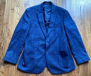 E.THOMAS Jos A Bank Wool Cashmere Mens Blazer Size 44R Blue Plaid Jacket FLAW - Picture 1 of 17