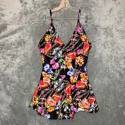 Women Colorful Tropical Floral Chain Link Skirt 1 Piece Low Back Swimsuit 3XL - Image 1 of 4