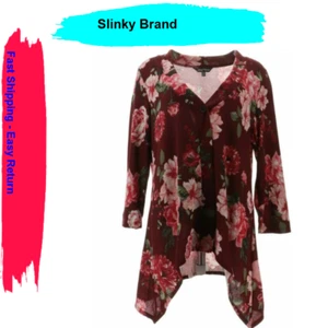 Slinky® Brand Sweater Knit Jacket Sharkbite Hem 678-000 , Wine Floral , Large - Picture 1 of 4