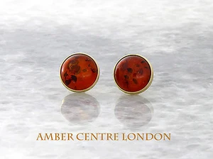 Italian Made 9ct Gold Large Baltic Amber Round Stud Earrings GS0005 RRP£395!!! - Picture 1 of 6