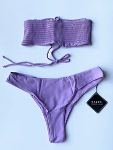 Zaful Purple Mauve Bandeau Shirred Top & Bottoms Swimwear Bikini Set BNWT 12 - Picture 1 of 9