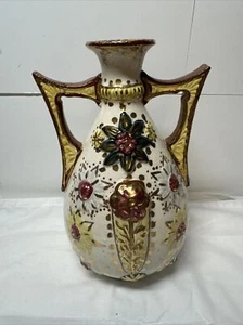 Ceramic Art Pottery VASE 2 Handles Raised Relief Flowers Gold Accents 8” - Picture 1 of 10