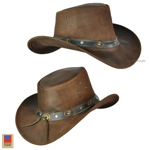 Sombrero de cuero estilo australiano sombrero al aire libre conchos Western Country *053 marrón - Imagen 1 de 4