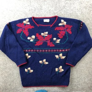 Vintage SKYR Sweater Women Medium Blue Red Floral Knit Square Neck Wool - Picture 1 of 13
