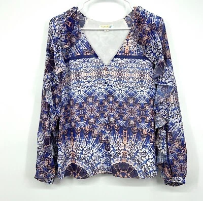 Yumi Kim Top Womens Size Small Blue Button Down Ruffle Long Sleeve V Neck  - Image 1 of 4