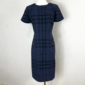 Burberry Brit Navy Blue Plaid Dress Short Sleeve Pockets Buttons Size US 4 - Picture 1 of 15