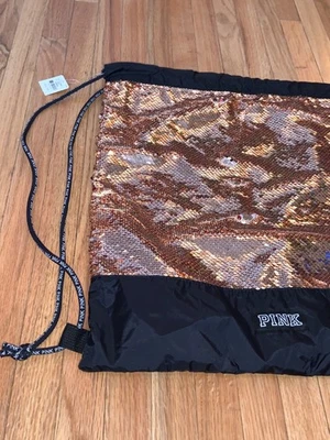 Victoria's Secret Bling PINK Drawstring Sling Backpack in Rose Gold Sequins NEW - Image 1 of 4