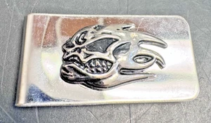 Stainless Steel Silver Color SKULL ON FIRE, 2" Wide New Bill Holder Money Clip. - Picture 1 of 6