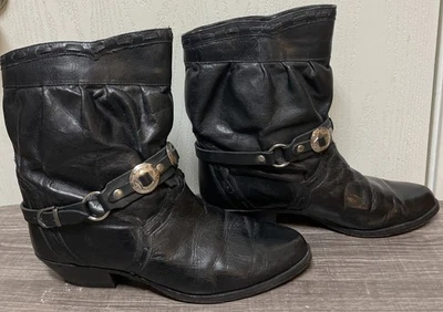Botas masculinas estilo rocker de couro preto vintage Paolo Fellicce Western Conchos 9D - Imagem 1 de 4