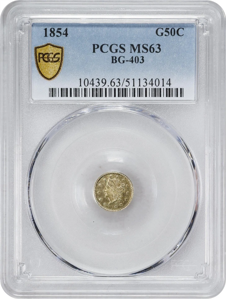 50 centavos redondos 1854-FD. BG-403. Rarity-7. Cabeza Liberty. MS-63 PCGS Placa Moneda! Foto 1 de 4