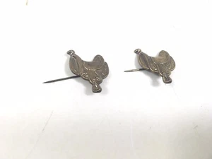 Pair Vintage Horse Saddle Lapel Tie Pin Bronze Tone Cowboy Western Wear - Picture 1 of 4