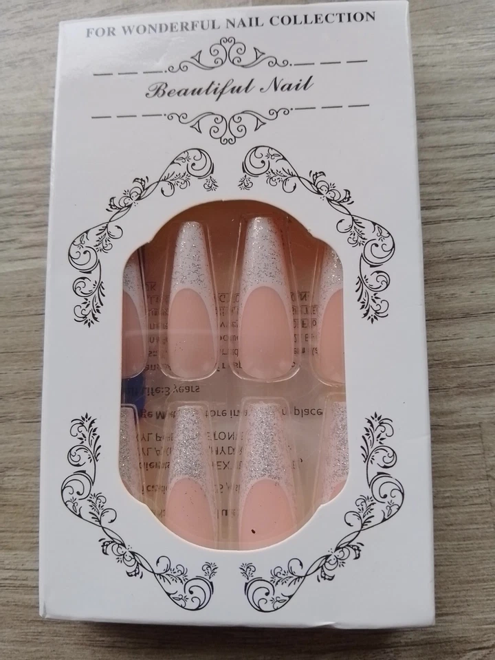 False Nails Nude Coffin White Silver Glitter Sparkle Tip Pink Peach Press On - Image 1 of 1