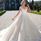Cap Sleeve V Neck Backless Appliqué Lace Train Bridal Gown Wedding Dress