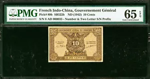 Francese Indocina 10 Centesimi ND (1942) BASSO # 6AD 000035 P-89b GIOCO PERFETTO UNC PMG 65 EPQ - Foto 1 di 2