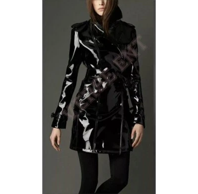 Women PVC Leather Trench Vinyl Shiny Light Weighted Raincoat Stylish Trench Coat - Image 1 of 3
