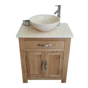 Bathroom Vanity Unit Oak Modern Cabinet Wash Stand Cream Marble Top & Basin 502
