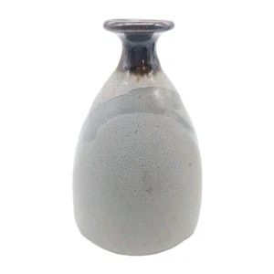 Small Artisan Studio Pottery Vase Gray with Brown Mouth Incised Design 5"  - Picture 1 of 7