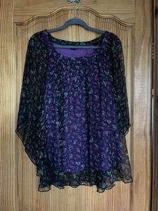 Black Floral Printed Top. Sheer Material Purple Lining. Sheer Bat Sleeves.Size16 - Picture 1 of 9