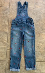 Gymboree Girls Size 6 Denim Overalls Bibs Embroidered Apples All Over Print - Picture 1 of 13