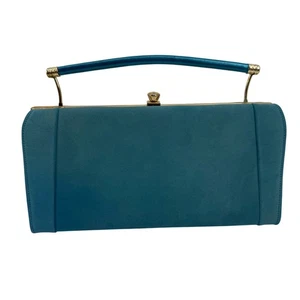 Bolso de mano vintage de terciopelo verde azulado con bloqueo de beso con borde dorado asa superior - Imagen 1 de 8
