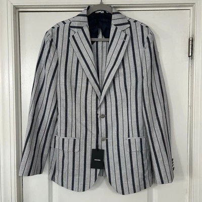 Takeshy Kurosawa 100% Linen Blazer Men’s 38 Grey & Blue Striped Jacket Coastal - Image 1 of 4