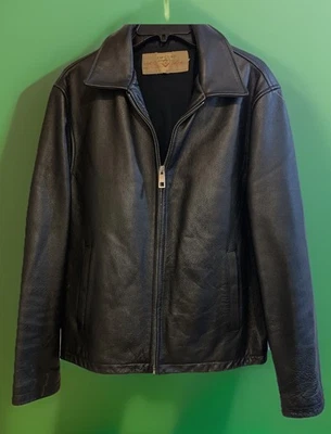 复古 TOP GUN Blak 皮革棉质飞行员夹克,尺寸 L,口袋进/出 20 英寸宽 27 英寸长 — 第 1/4 张图片