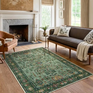Tapis Vert Boho 5x7 Surface pour Salon, Lavable Salon Traditionnel Ru... - Photo 1/9