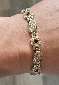 Vintage Jewelry 7.5” Gold & Silver Tone Red Clear Rhinestone Flower Bracelet - Picture 1 of 16