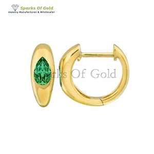 Pear Shaped Emerald Huggie Earrings 14K Yellow Gold Fine Jewelry Birthday Gifts - Picture 1 of 3