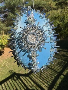 Push Pin Christmas Handmade Vintage Ornament Rhinestone Silk Blue Snowflake - Picture 1 of 12