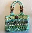 Cappelli Blue &amp; Green Woven Purse With Wooden Beads Spring Summer Beach Bag NWOT