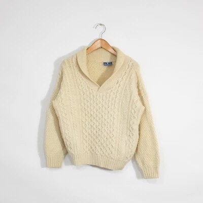 Suéter de lana con cuello chal tejido con cable vintage para mujer XL - beige envejecido cuadrado Foto 1 de 4