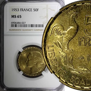 FRANCE Aluminum-Bronze 1953 50 Francs NGC MS65 ONLY 1 GRADED HIGHEST KM#918.1(7) - Picture 1 of 5