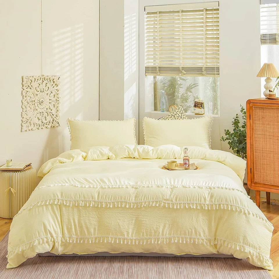 Funda nórdica 100 % algodón con borla - Juego de edredón de ropa de cama boho blanca acolchada Foto 1 de 1