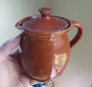 1850s REDWARE POTTERY OVOID PIPKIN WITH APPLIED HANDLE & ORIGINAL REDWARE LID - Picture 1 of 10
