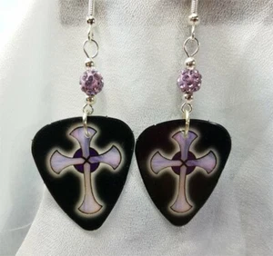 Black with Purple Crosses Guitar Pick Earrings with Purple Pave Beads - Picture 1 of 2