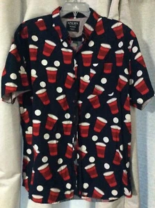 Men’s Sz XL Alpha Beta Brand Beer Pong Short Sleeve Button Down Shirt Man Cave - Picture 1 of 6