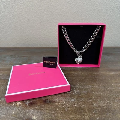 NIB Juicy Couture Pave Banner Heart Starter Necklace Y2K Puffy Heart Charm 18” - Image 1 of 4