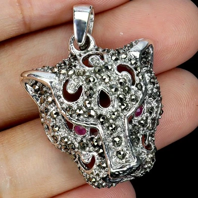 Pingente de prata esterlina 925 redondo rubi marcasita tigre pedra preciosa natural joia - Imagem 1 de 4