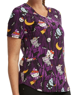 Hello Kitty Scrub Top Shirt Halloween Zombie Ghost Witch Fall Women M L XL 2X 3X - Image 1 of 4