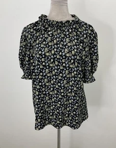 Adrianna Papell Black Multi Floral Short Gathered Sleeve Blouse Size L - Picture 1 of 5